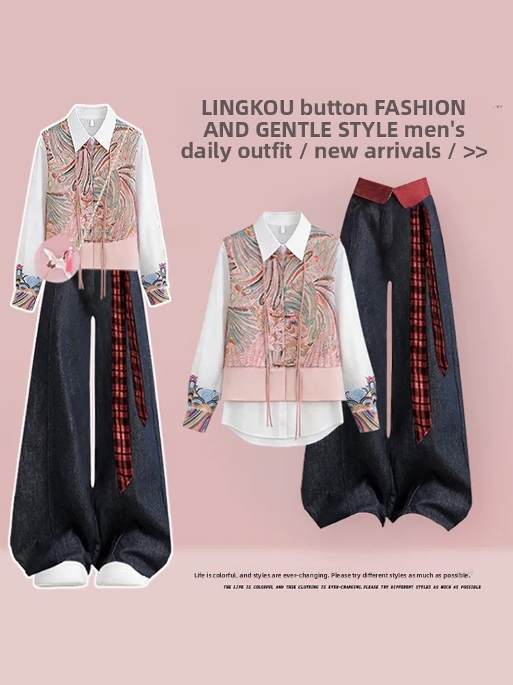 New Chinese Style Embroidered Jacket Shirt And Jeans Three Piece Set plus Size Autumn Winter Fashion Women's High Waist Loose...
New Chinese Style Embroidered Jacket Shirt And Jeans Three Piece Set plus Size Autumn Winter Fashion Women's High Waist Loose...