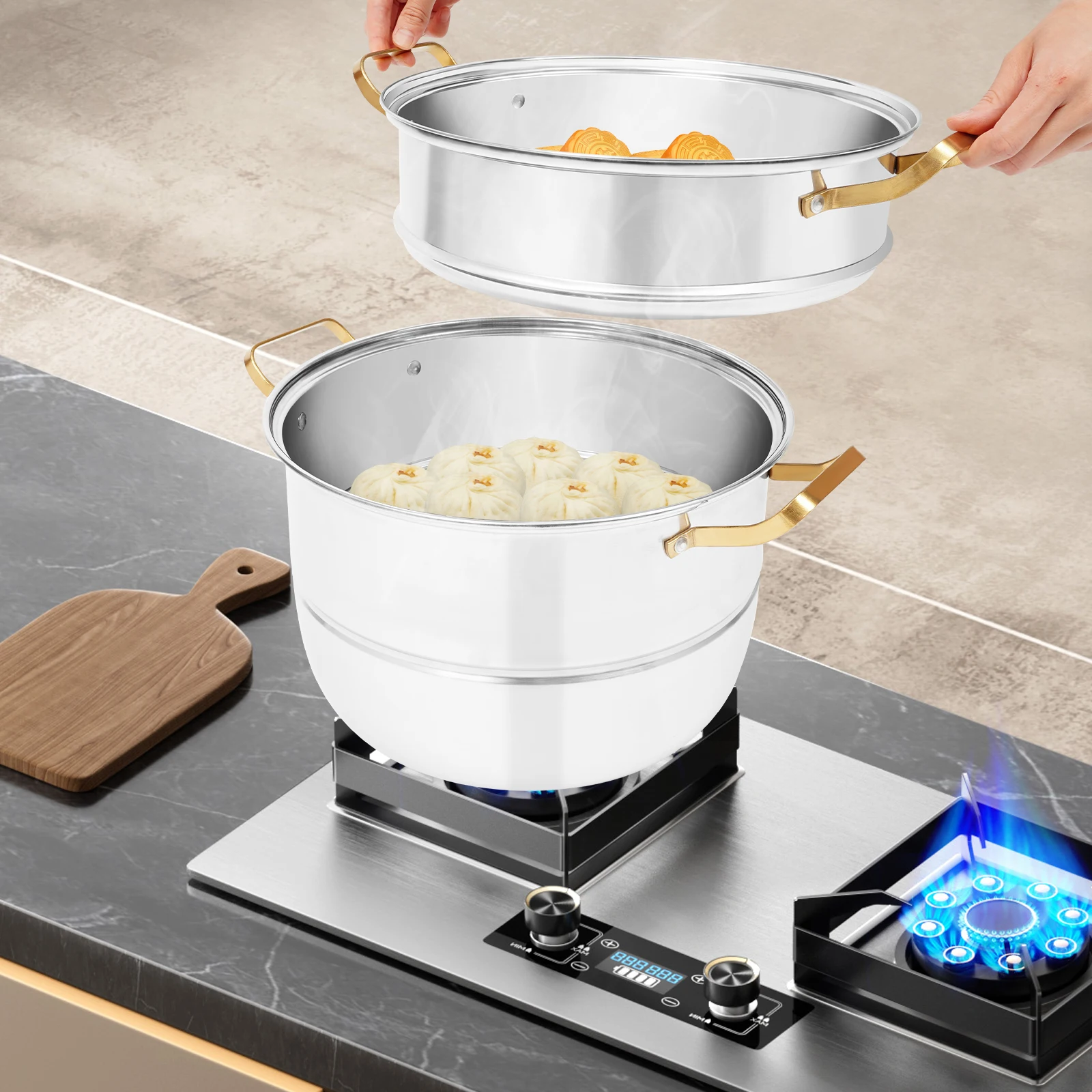 Пароварка для приготовления пищи, пароварка из нержавеющей стали, 3-уровневые паровые кастрюли с золотой ручкой и крышкой для приготовления овощей, морепродуктов
Пароварка для приготовления пищи, пароварка из нержавеющей стали, 3-уровневые паровые кастрюли с золотой ручкой и крышкой для приготовления овощей, морепродуктов
