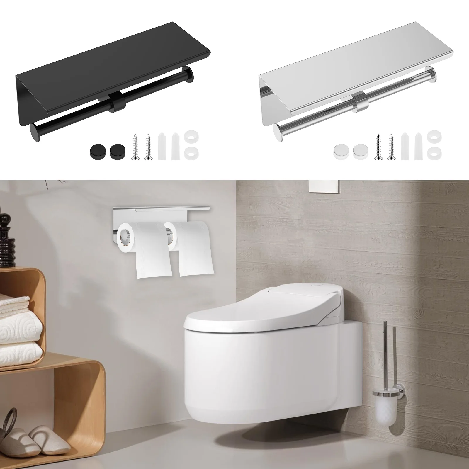 Держатель для туалетной бумаги с полкой, настенное крепление, двойной рулон, диспенсер для бумажных полотенец из нержавеющей стали, многофункциональная полка для хранения в ванной комнате 
Держатель для туалетной бумаги с полкой, настенное крепление, двойной рулон, диспенсер для бумажных полотенец из нержавеющей стали, многофункциональная полка для хранения в ванной комнате