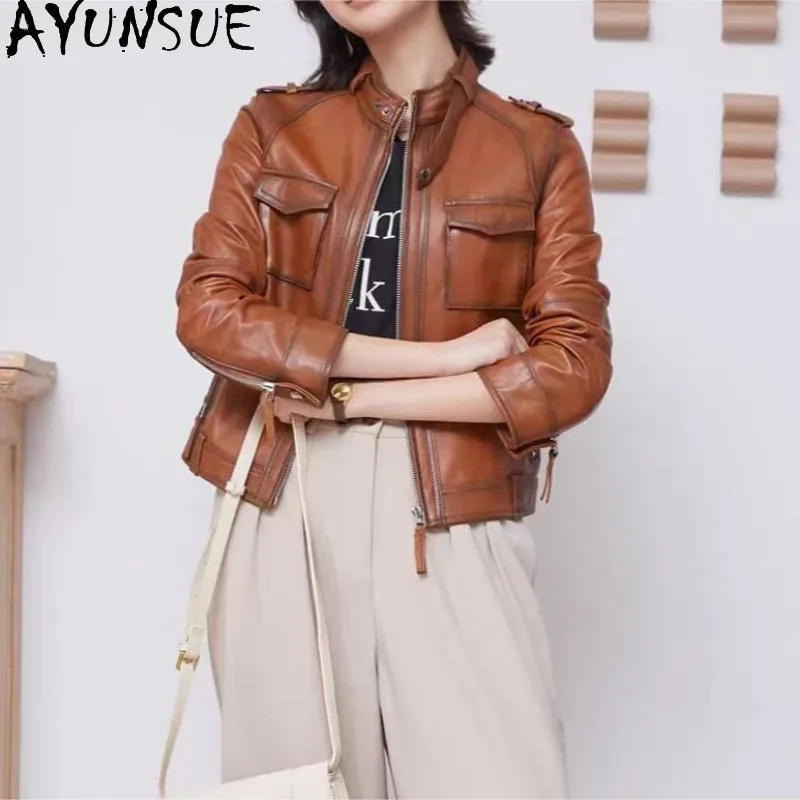 AYUNSUE Women's Sheepskin Moto Jacket Fashion Short Tops for Woman Retro Versatile Real Leather Jacket Woman Clothes Ropa Mujer
AYUNSUE Women's Sheepskin Moto Jacket Fashion Short Tops for Woman Retro Versatile Real Leather Jacket Woman Clothes Ropa Mujer