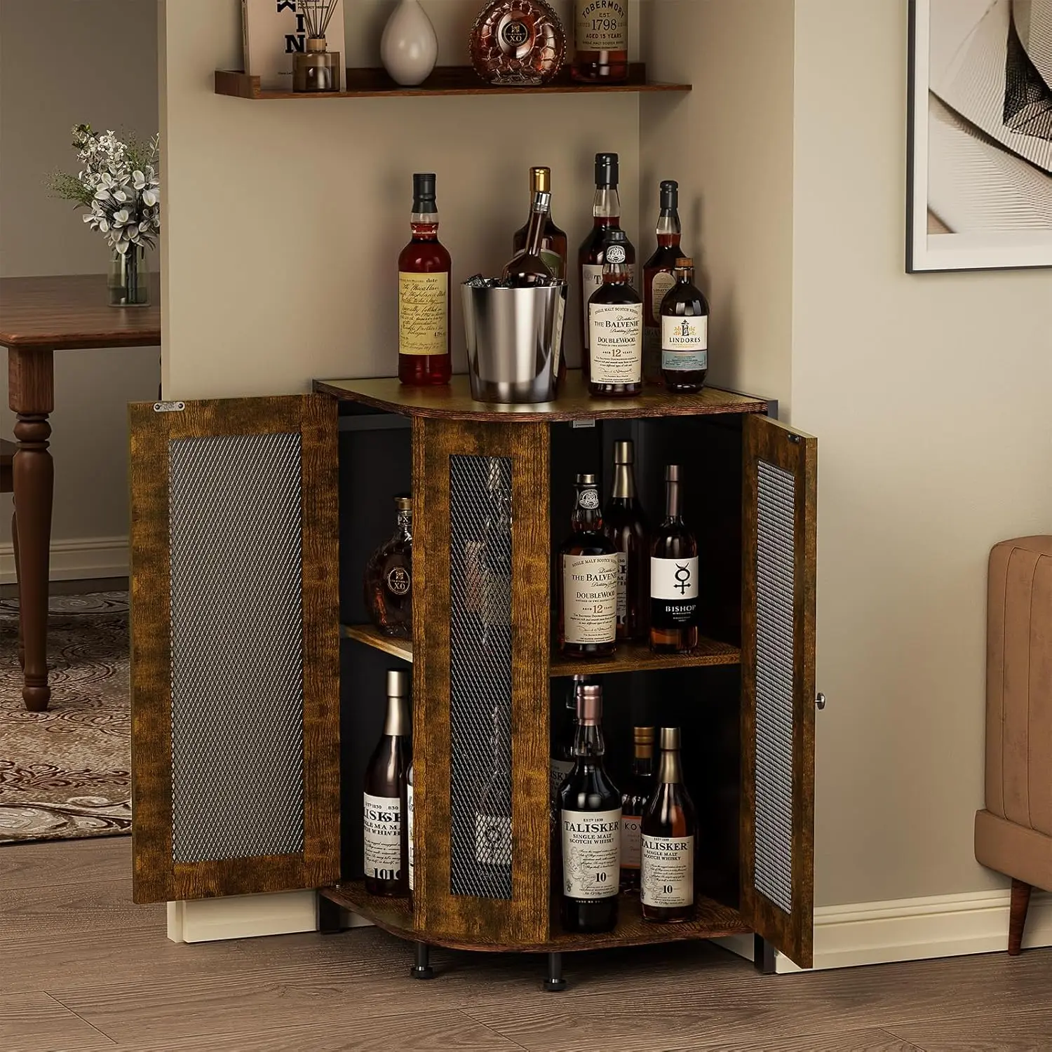 Corner Storage Cabinet with Open Shelf, 3-Tier Industrial Wine Bar Shelf with Door, Industrial Corner Cabinet for Kitchen, Dinin
Corner Storage Cabinet with Open Shelf, 3-Tier Industrial Wine Bar Shelf with Door, Industrial Corner Cabinet for Kitchen, Dinin