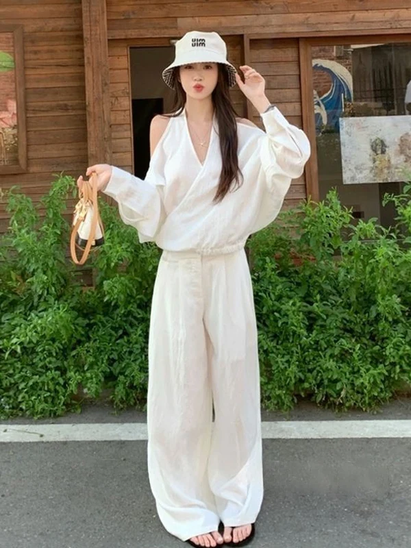 Korean Style Lazy Style Shoulder Bared Long Sleeve Shirt Women's Summer Loose Top High Waist Slimming Wide Leg Pants Set
Korean Style Lazy Style Shoulder Bared Long Sleeve Shirt Women's Summer Loose Top High Waist Slimming Wide Leg Pants Set