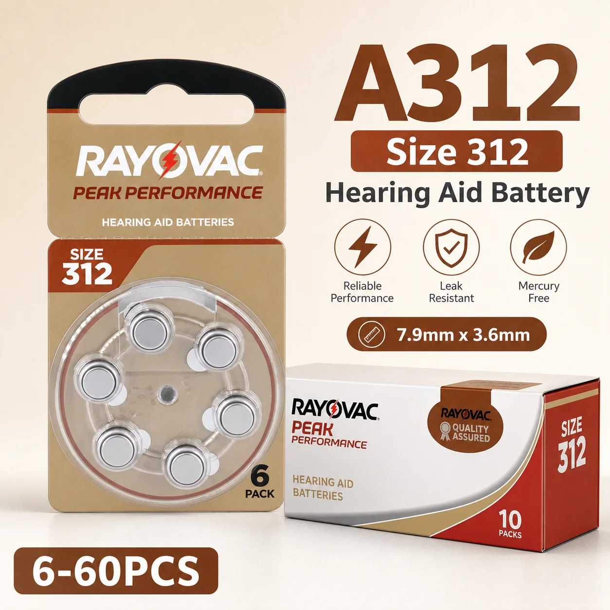 312 312A A312 PR41 Rayovac PEAK Zinc Air Hearing Aid Batteries 1.45V 6-60PCS for Hearing Aids Sound Amplifiers
312 312A A312 PR41 Rayovac PEAK Zinc Air Hearing Aid Batteries 1.45V 6-60PCS for Hearing Aids Sound Amplifiers