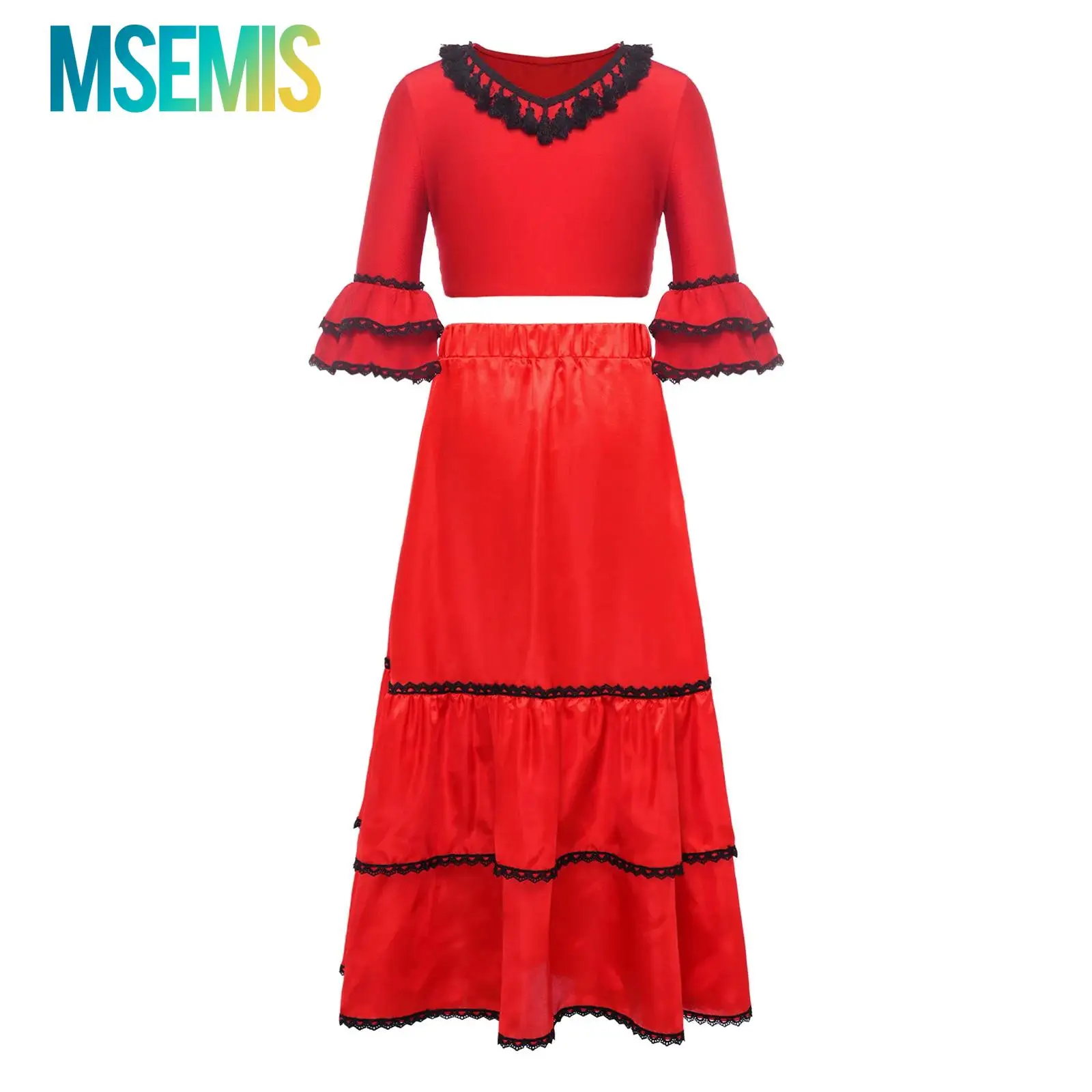 Kids Girls Gypsy Chorus Spanish Flamenco Ballroom Dance Performance Costume Tassel Ruffle Crop Top with Satin Tiered Skirt
Kids Girls Gypsy Chorus Spanish Flamenco Ballroom Dance Performance Costume Tassel Ruffle Crop Top with Satin Tiered Skirt