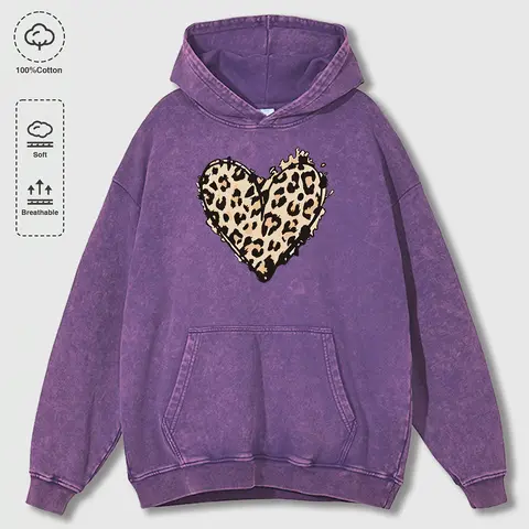 Classic Leopard Print Heart Print Hoodies Men Fashion Casual Hoody Snow Washed Cotton Streetwear Loose Unisex Retro Sweatshirt