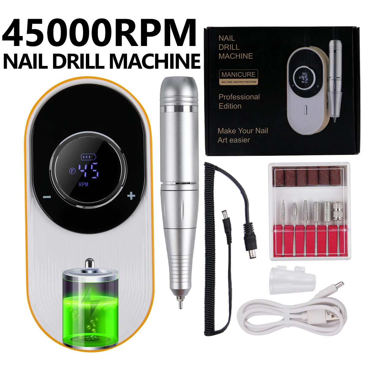 Электрическая дрель для ногтей, профессиональная, 45000 об/мин, перезаряжаемая дрель для ногтей, комплект для акрилового геля, полировки ногтей, удаления
Электрическая дрель для ногтей, профессиональная, 45000 об/мин, перезаряжаемая дрель для ногтей, комплект для акрилового геля, полировки ногтей, удаления