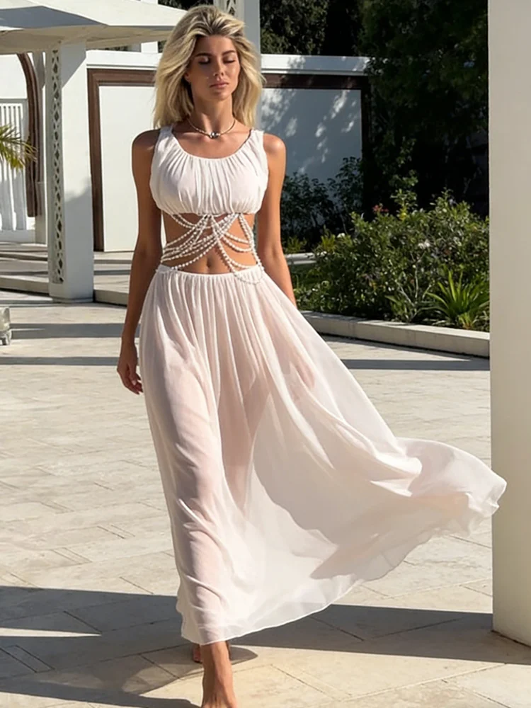 Whatiwear Fashion 2-Piece Set Women See Through Summer Tassel Pearl Backless Tank Top+Long Skirt Matching Beach Vacation Suits
Whatiwear Fashion 2-Piece Set Women See Through Summer Tassel Pearl Backless Tank Top+Long Skirt Matching Beach Vacation Suits