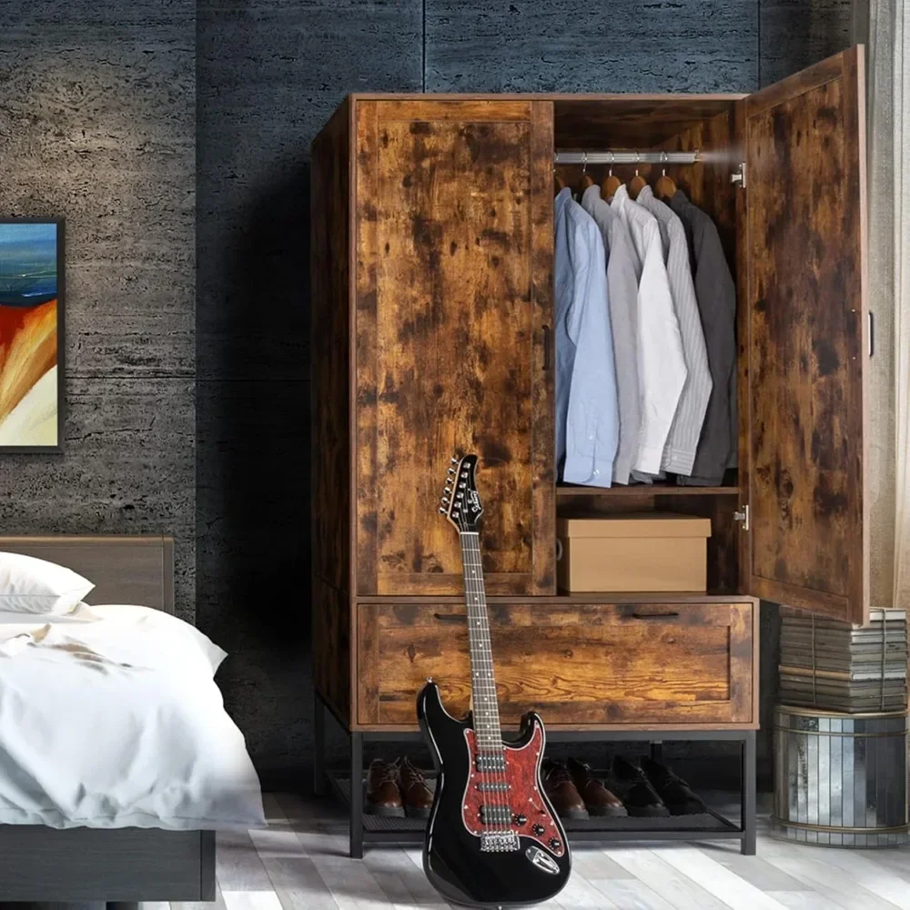 Wardrobe Closet with Hanging Rod, BedroomFreestanding Wardrobe Cabinet with Doors, Adjustable Shelves and Drawer
Wardrobe Closet with Hanging Rod, BedroomFreestanding Wardrobe Cabinet with Doors, Adjustable Shelves and Drawer