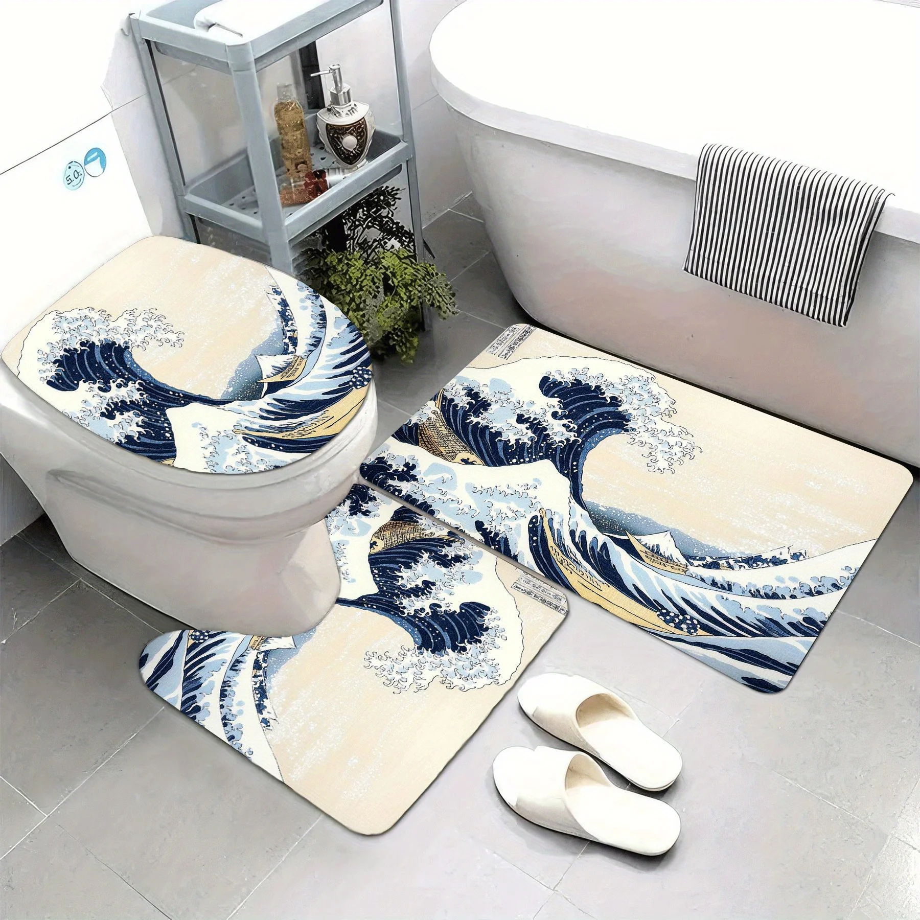 3pc Kanagawa Waves Theme Bathroom Set, U-shaped Mat, Non-slip Mat, Toilet Seat Cover, Suitable for Bath Decor
3pc Kanagawa Waves Theme Bathroom Set, U-shaped Mat, Non-slip Mat, Toilet Seat Cover, Suitable for Bath Decor