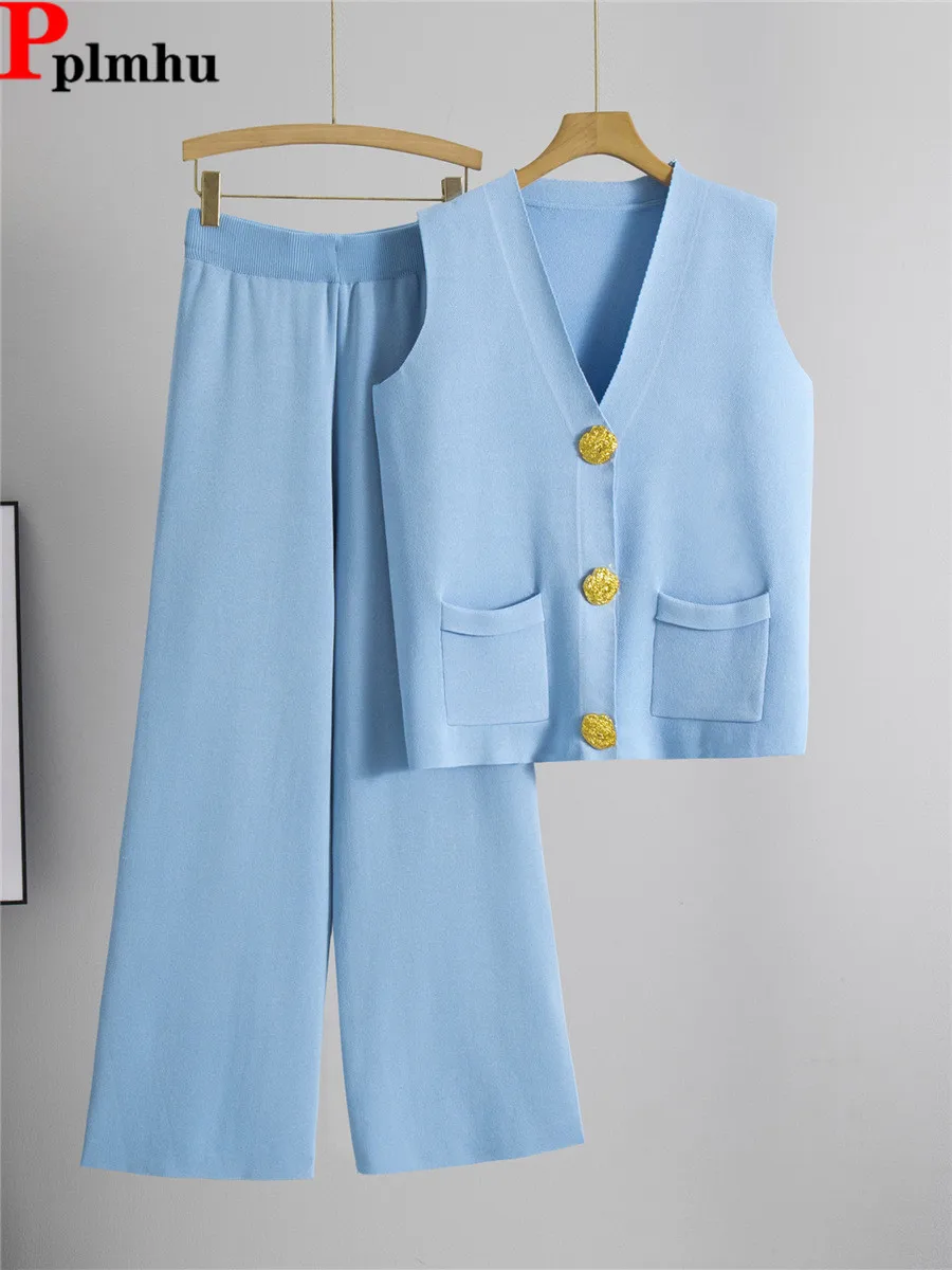 Summer Thin Knitted 2 Piece Sets Women V-neck Big Button Sleeveless Cardigan Tops Conjuntos High Waist Wide Leg Pants Outfit New
Summer Thin Knitted 2 Piece Sets Women V-neck Big Button Sleeveless Cardigan Tops Conjuntos High Waist Wide Leg Pants Outfit New