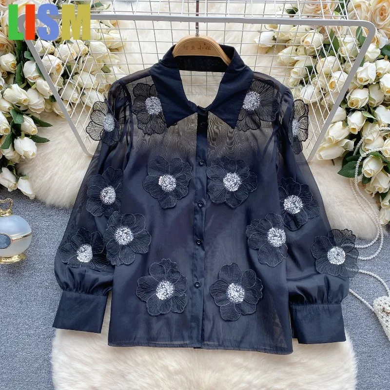 LISM Retro Beading sequin Turn-down Collar 3D flower basics Blouse Slim Single Shirt Women sheer mesh Crop Top winter clothes
LISM Retro Beading sequin Turn-down Collar 3D flower basics Blouse Slim Single Shirt Women sheer mesh Crop Top winter clothes