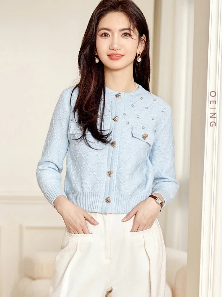 Women Blue Knitted Cardigan Coat Long Sleeve O-neck French Style Elegant Chic Beading Loose Short Sweater Tops Knitwear C5011
Women Blue Knitted Cardigan Coat Long Sleeve O-neck French Style Elegant Chic Beading Loose Short Sweater Tops Knitwear C5011