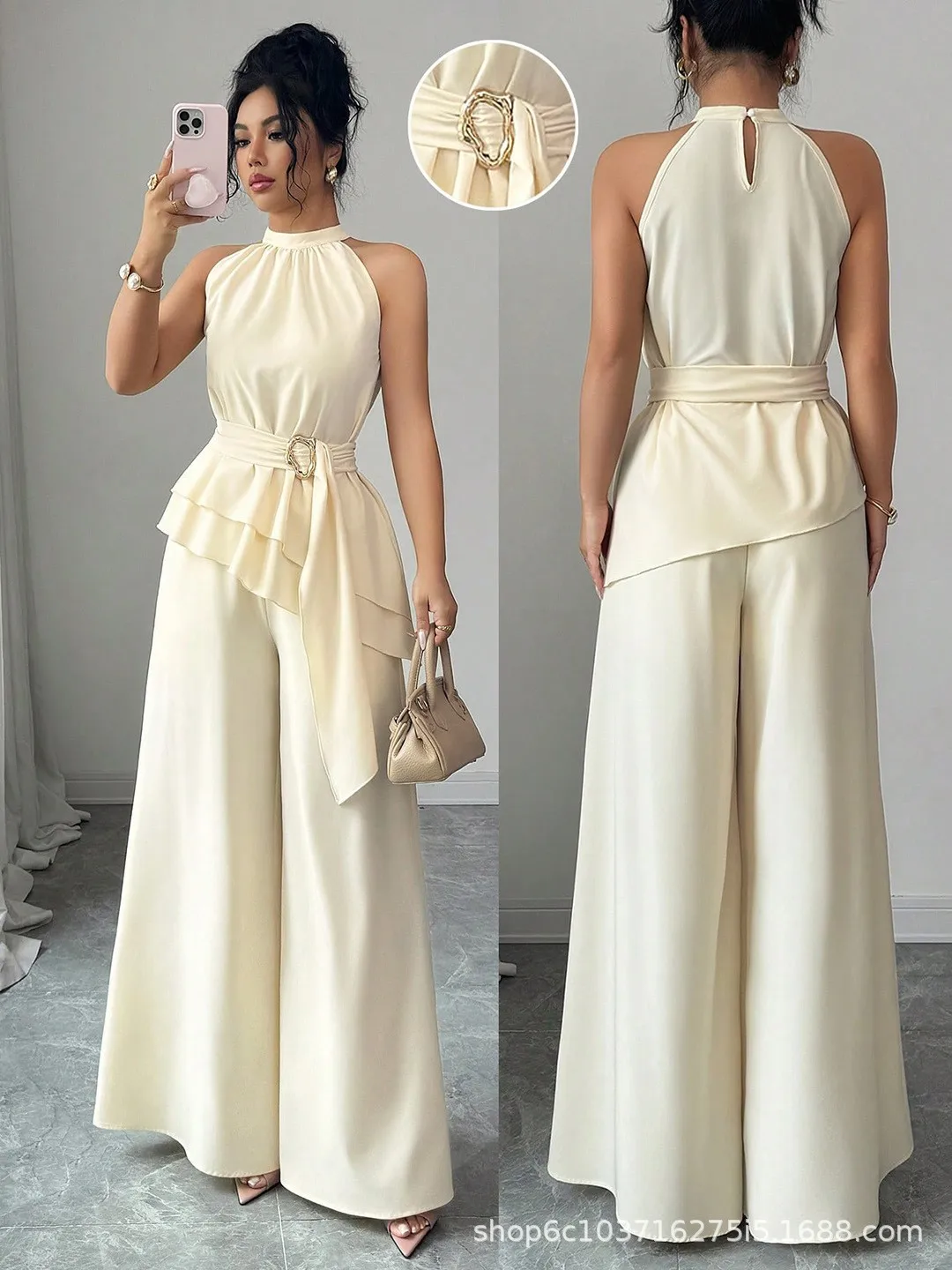 Women's Jumpsuit Sleeveless Halter Neck Wide Leg Jumpsuits Belted Waist Cream Beige Romper Asymmetrical Hem Long Jumpsuit
Women's Jumpsuit Sleeveless Halter Neck Wide Leg Jumpsuits Belted Waist Cream Beige Romper Asymmetrical Hem Long Jumpsuit