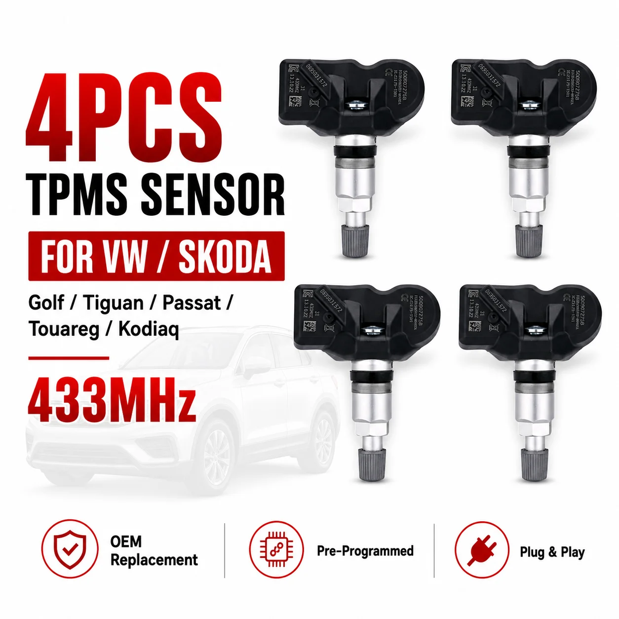 TPMS Tire Pressure Sensor For VW Golf Tiguan Passat Touareg Skoda Kodiaq 433MHz Replaces 5Q0907275B 5Q0907275F 4PCS
TPMS Tire Pressure Sensor For VW Golf Tiguan Passat Touareg Skoda Kodiaq 433MHz Replaces 5Q0907275B 5Q0907275F 4PCS