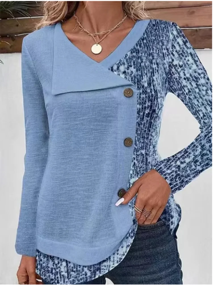 Casual Color Blocked Long Sleeved Button Irregular Collar Women's T-shirt Street Fashion Daily Versatile Autumn Top
Casual Color Blocked Long Sleeved Button Irregular Collar Women's T-shirt Street Fashion Daily Versatile Autumn Top