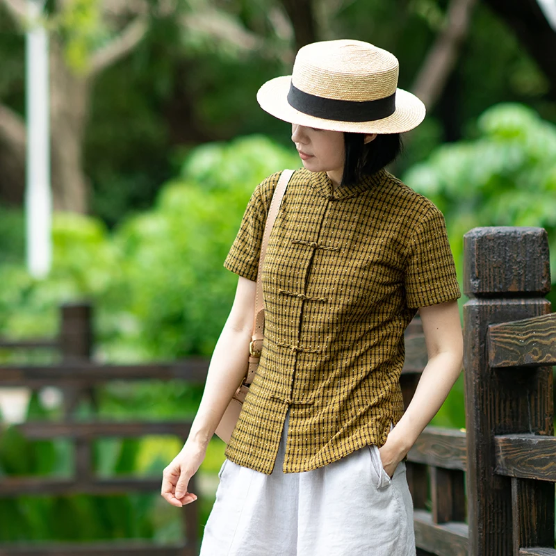 Pure Cotton Chinese Sle irt Women's Open Cardigan Plaid Collarl Button up Summer Faion Retro Tang Costume
Pure Cotton Chinese Sle irt Women's Open Cardigan Plaid Collarl Button up Summer Faion Retro Tang Costume