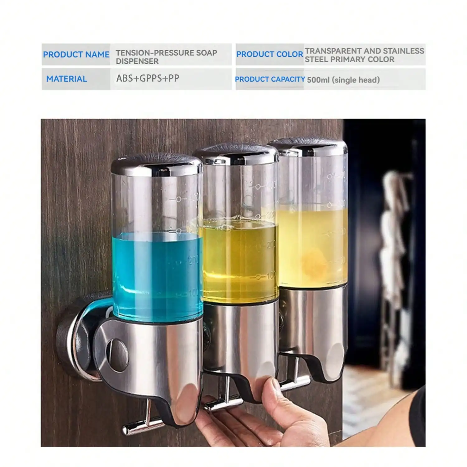No-Drill 3 Chamber Wall Mounted Liquid Soap Shower Hand Sanitizer Pump Dispenser for Bathroom Kitchen Hotel, and Holds Shampoo
No-Drill 3 Chamber Wall Mounted Liquid Soap Shower Hand Sanitizer Pump Dispenser for Bathroom Kitchen Hotel, and Holds Shampoo