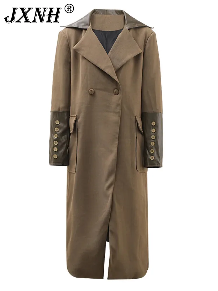Contrast Color Patchwork Design With PU Lapel Long Jacket, New Autumn 2024 Double Breasted Button Style Trench Coat For Women
Contrast Color Patchwork Design With PU Lapel Long Jacket, New Autumn 2024 Double Breasted Button Style Trench Coat For Women