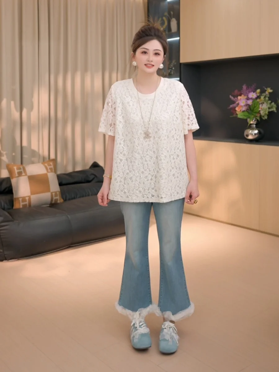 plus Size Women's Fashionable Moonlight T-Shirt Heavy Embroidery Lace Top Cotton Casual Style round Neck Short Sleeve Summer
plus Size Women's Fashionable Moonlight T-Shirt Heavy Embroidery Lace Top Cotton Casual Style round Neck Short Sleeve Summer