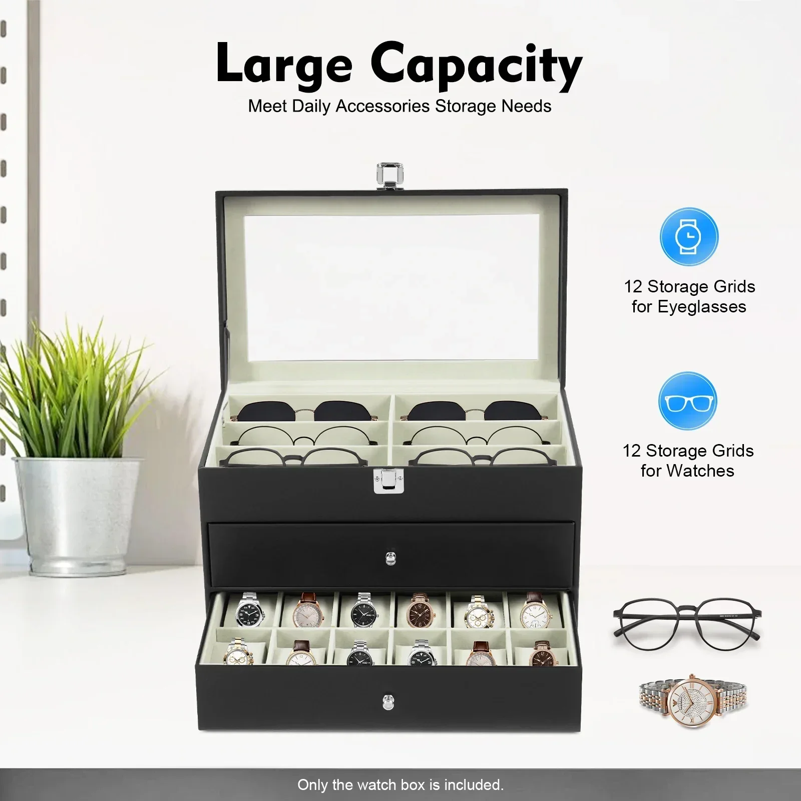 3-Tier Modern Watch & Glasses Display Case | 24-Compartment Storage Organizer with Tempered Glass Lid (33.5×22.5cm, PU/MDF)
3-Tier Modern Watch & Glasses Display Case | 24-Compartment Storage Organizer with Tempered Glass Lid (33.5×22.5cm, PU/MDF)