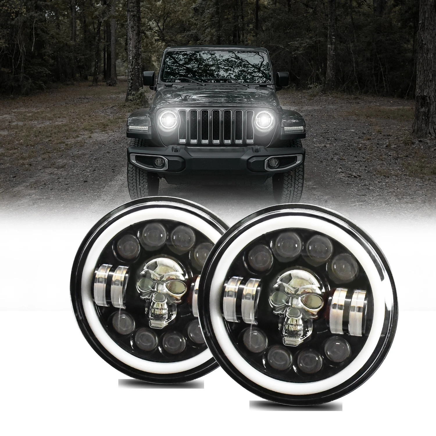 For Jeep Wrangler LED Headlight Skull Pattern LED Headlight High Low Beam Turn Signal DRL Color Angle Eye Light Car Accessories
For Jeep Wrangler LED Headlight Skull Pattern LED Headlight High Low Beam Turn Signal DRL Color Angle Eye Light Car Accessories