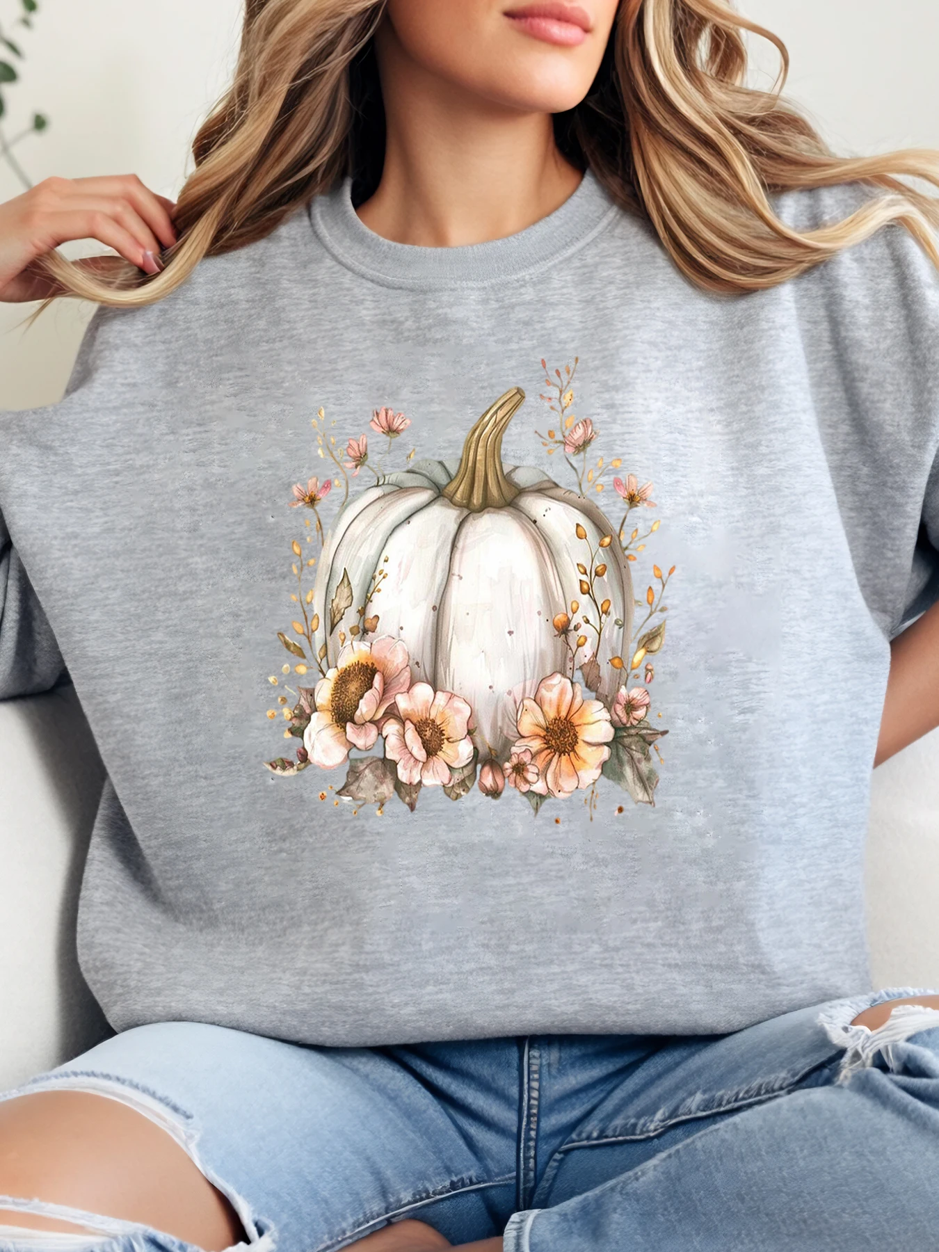 Осенняя толстовка с цветочным принтом тыквы, женская повседневная осенняя сезонная серая толстовка больших размеров
Осенняя толстовка с цветочным принтом тыквы, женская повседневная осенняя сезонная серая толстовка больших размеров