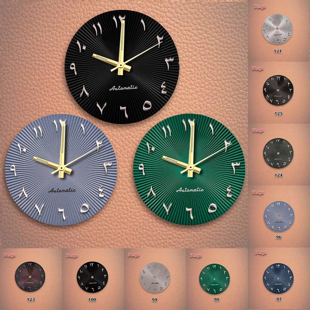 Лидер продаж, 28,5 мм, вертикальный стержень с логотипом S, арабский циферблат, зеленый серебристый цвет, подходит для NH35/NH36, аксессуары для модификации часов
Лидер продаж, 28,5 мм, вертикальный стержень с логотипом S, арабский циферблат, зеленый серебристый цвет, подходит для NH35/NH36, аксессуары для модификации часов