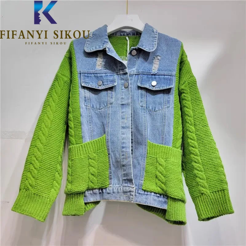 Denim Spliced Cardigan Women Knitted Sweater Jacket Pocket Lapel Fashion Casual Sweaters Female Autumn Winter Warm Knit Coat
Denim Spliced Cardigan Women Knitted Sweater Jacket Pocket Lapel Fashion Casual Sweaters Female Autumn Winter Warm Knit Coat