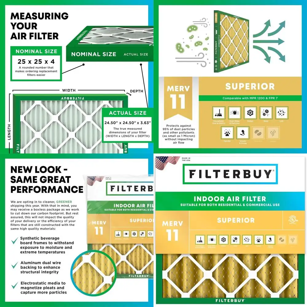 MERV 11 Air Filter for Pets and Allergies - 25x25x4 Pleated HVAC AC Furnace Replacement (Actual Size: 24.50x24.50x3.63)
MERV 11 Air Filter for Pets and Allergies - 25x25x4 Pleated HVAC AC Furnace Replacement (Actual Size: 24.50x24.50x3.63)