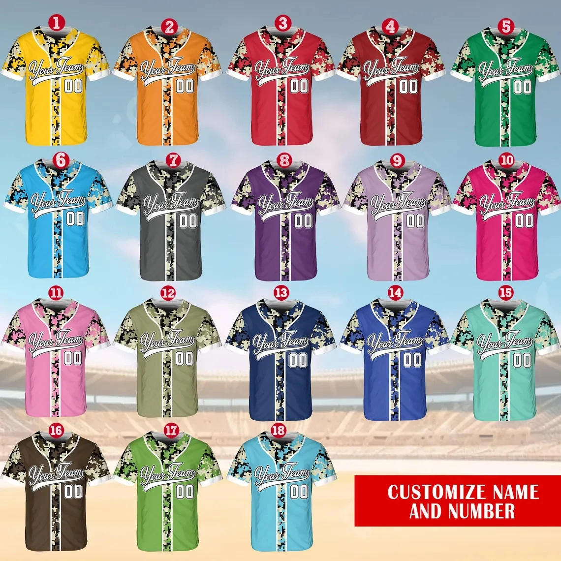2026 Custom Name Number Camo Baseball Jersey Personalized Team Name Number Button Shirt Wholesale Drop Shipping Sports Uniform
2026 Custom Name Number Camo Baseball Jersey Personalized Team Name Number Button Shirt Wholesale Drop Shipping Sports Uniform
