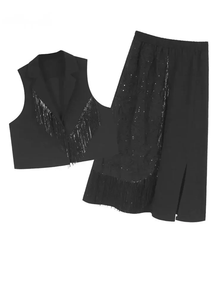 Black Sequins Vest Half-body Skirt Two Pieces Suit New Lapel Sleeveless Women Fashion Tide Spring Autumn
Black Sequins Vest Half-body Skirt Two Pieces Suit New Lapel Sleeveless Women Fashion Tide Spring Autumn