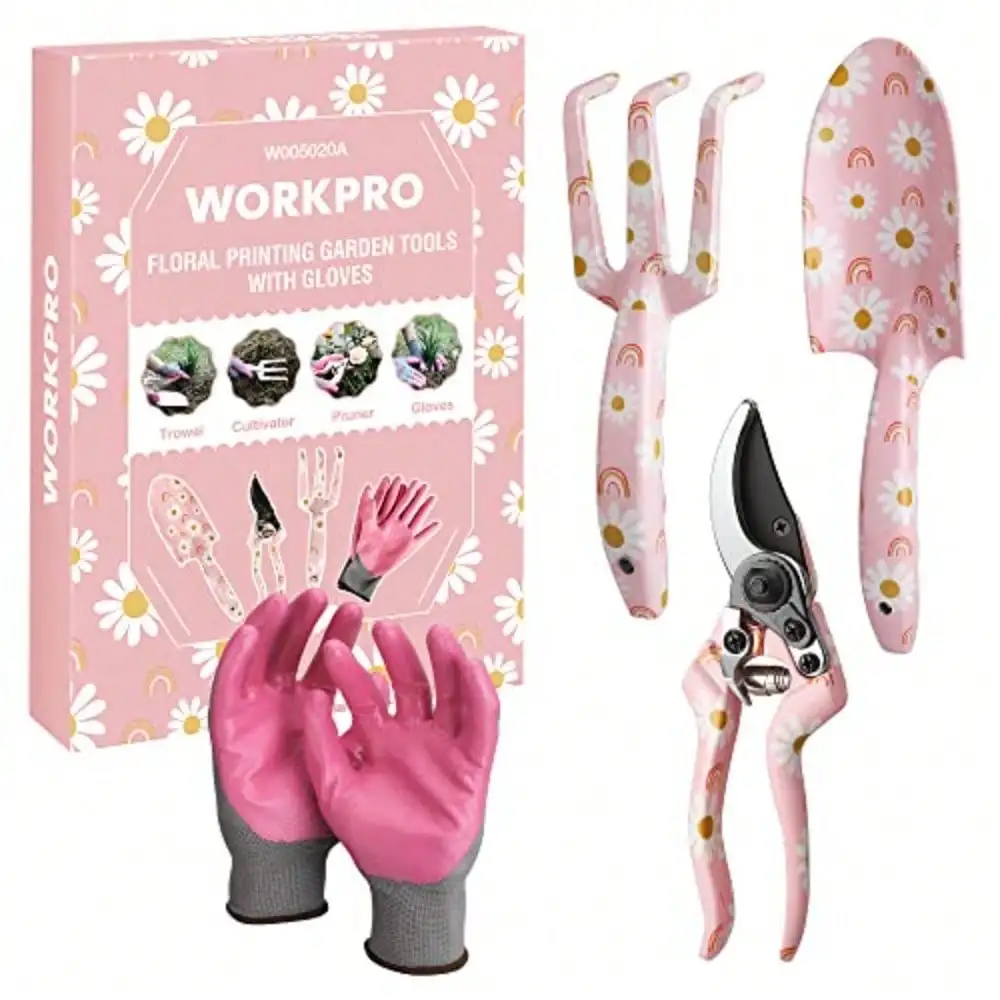 Aluminum Garden Tool Set, 4PCS Heavy Duty Gardening Tools With Box Include Trowel, Rake, Pruner, Gloves, , Garden Gifts- Ribbon
