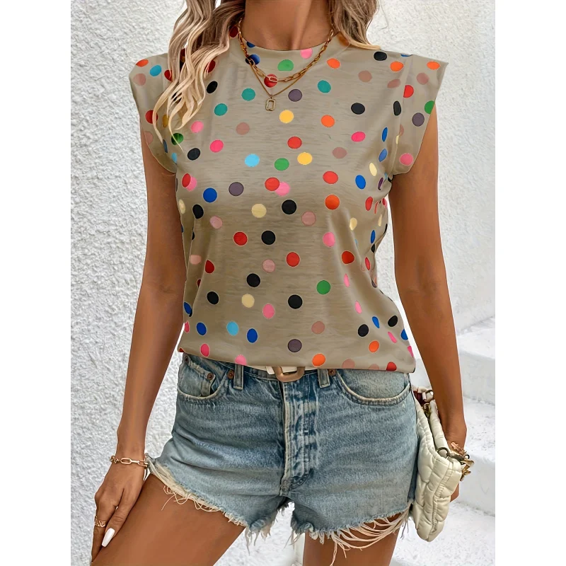 Women's Elegant Round Neck Sleeveless Top - Colorful Polka Design, Breathable Summer Shirt with Moderate Stretch
Women's Elegant Round Neck Sleeveless Top - Colorful Polka Design, Breathable Summer Shirt with Moderate Stretch