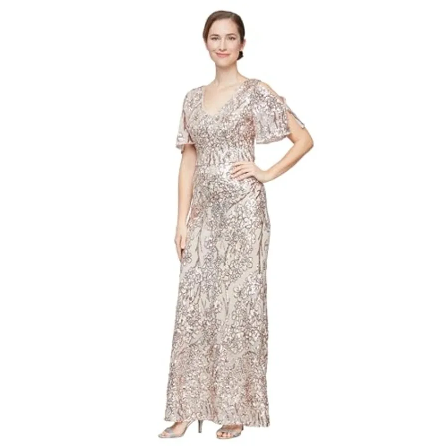 Women's Long Mother of The Bride Sequin Dress with Cold Shoulder Flutter Sleeves Petite and Regular Sizes
Women's Long Mother of The Bride Sequin Dress with Cold Shoulder Flutter Sleeves Petite and Regular Sizes