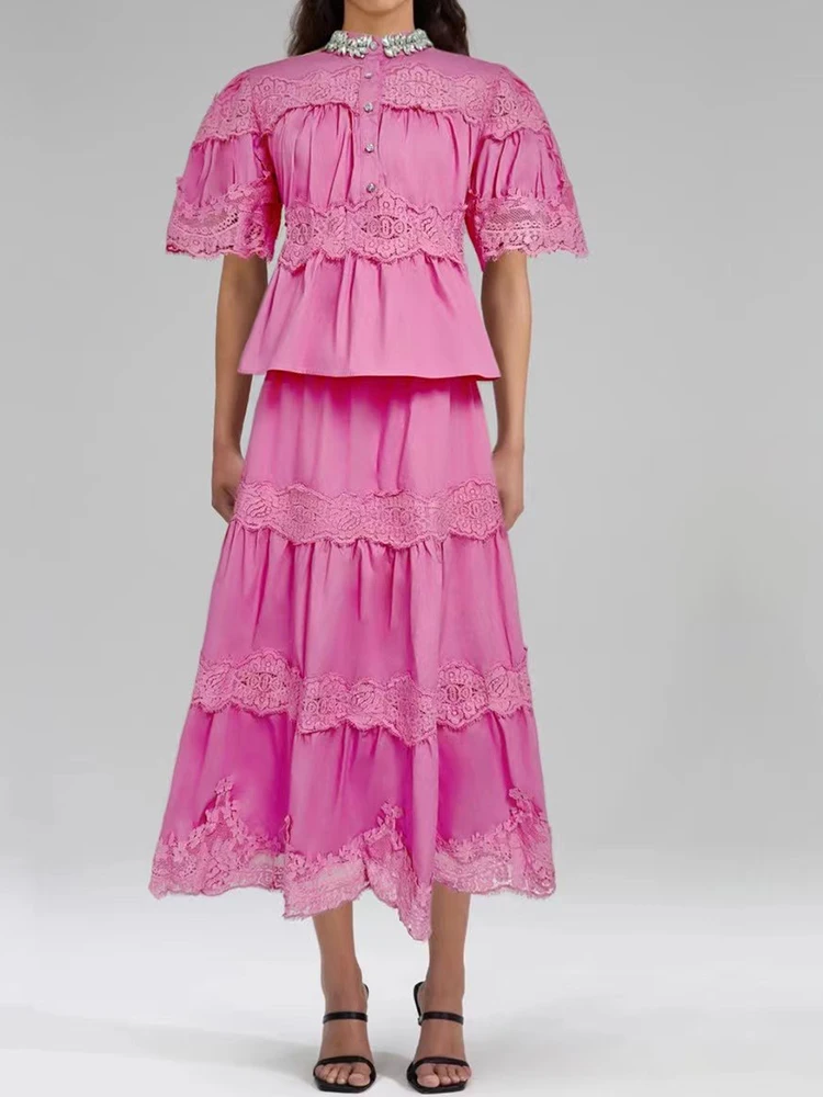 Retro beaded collar stitching lace short-sleeved shirt spring and summer new two-piece suit+elastic waist A skirt temperament su
Retro beaded collar stitching lace short-sleeved shirt spring and summer new two-piece suit+elastic waist A skirt temperament su