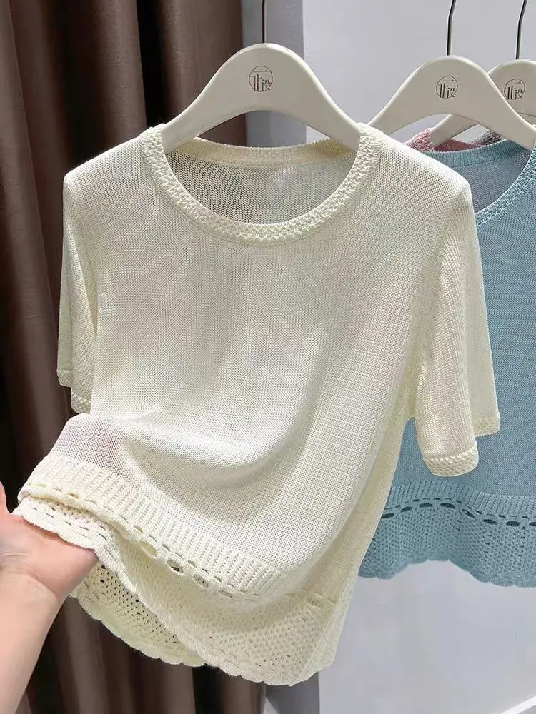 Thin Hollow Ice Silk Knitted Top Women's Paper Silk Short Sleeve round Neck Breathable High-End Feeling Lazy Top
Thin Hollow Ice Silk Knitted Top Women's Paper Silk Short Sleeve round Neck Breathable High-End Feeling Lazy Top