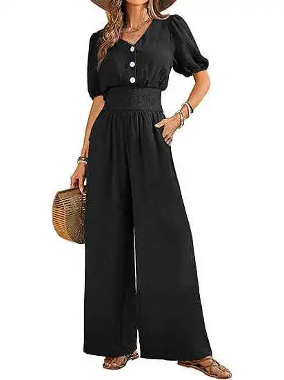 Women's Pure Color Buttoned Pleated Jumpsuit High Waist Wide Leg Pants Long Sve Thin Spring Summer Autumn Seasonal Wear
Women's Pure Color Buttoned Pleated Jumpsuit High Waist Wide Leg Pants Long Sve Thin Spring Summer Autumn Seasonal Wear