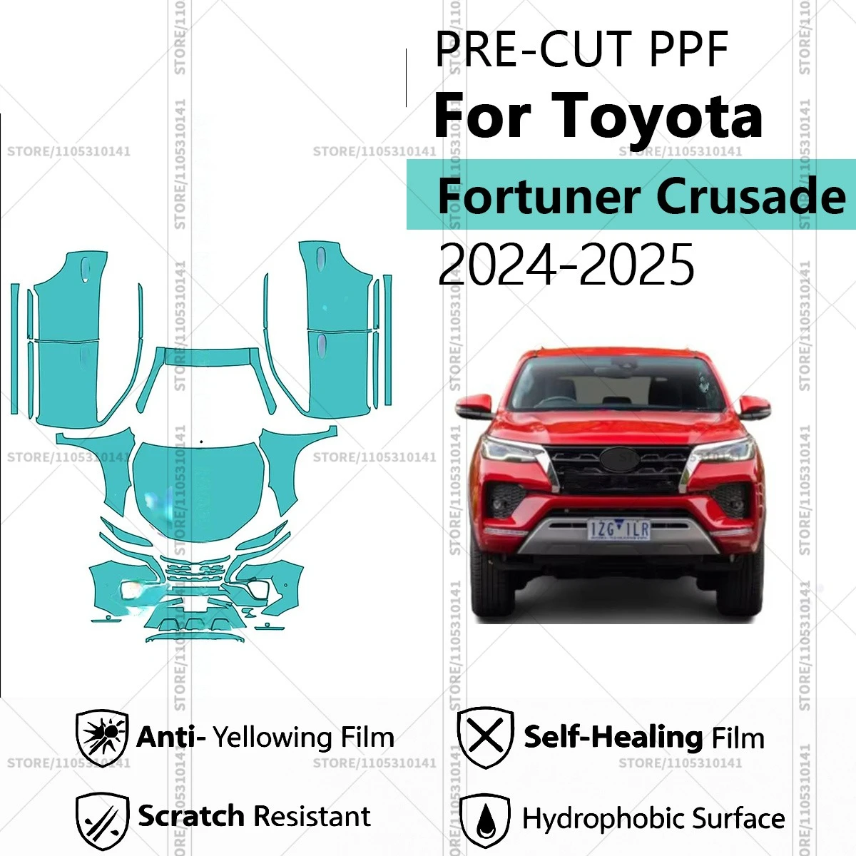 Для Toyota Fortuner Crusade 2024-2025: Предварительно вырезанная прозрачная защитная пленка (PPF) для автомобиля, комплект для передней части и дверей
Для Toyota Fortuner Crusade 2024-2025: Предварительно вырезанная прозрачная защитная пленка (PPF) для автомобиля, комплект для передней части и дверей