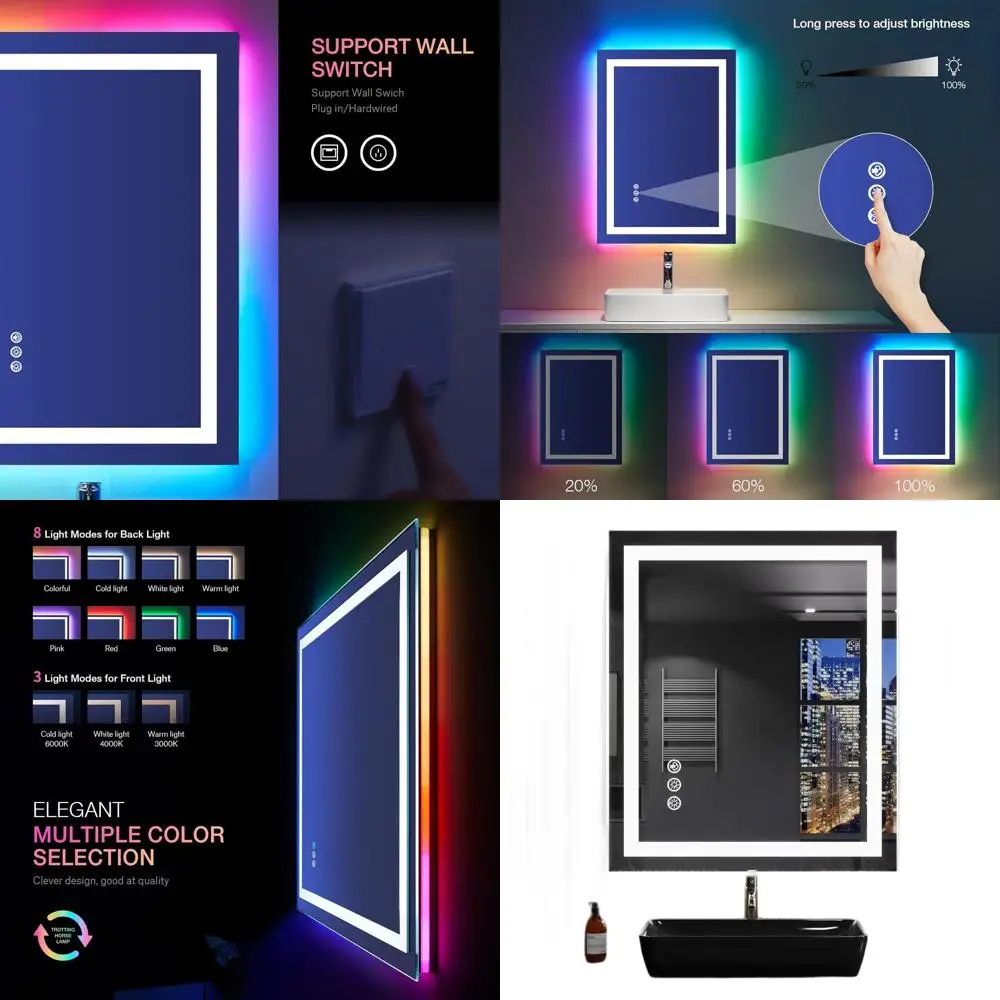 LED-Illuminated 24x32 Bathroom Mirror with RGB Lights, Anti-Fog, Dimmable, Front-Lighted, Tempered Glass, Memory Function, Shatt
LED-Illuminated 24x32 Bathroom Mirror with RGB Lights, Anti-Fog, Dimmable, Front-Lighted, Tempered Glass, Memory Function, Shatt