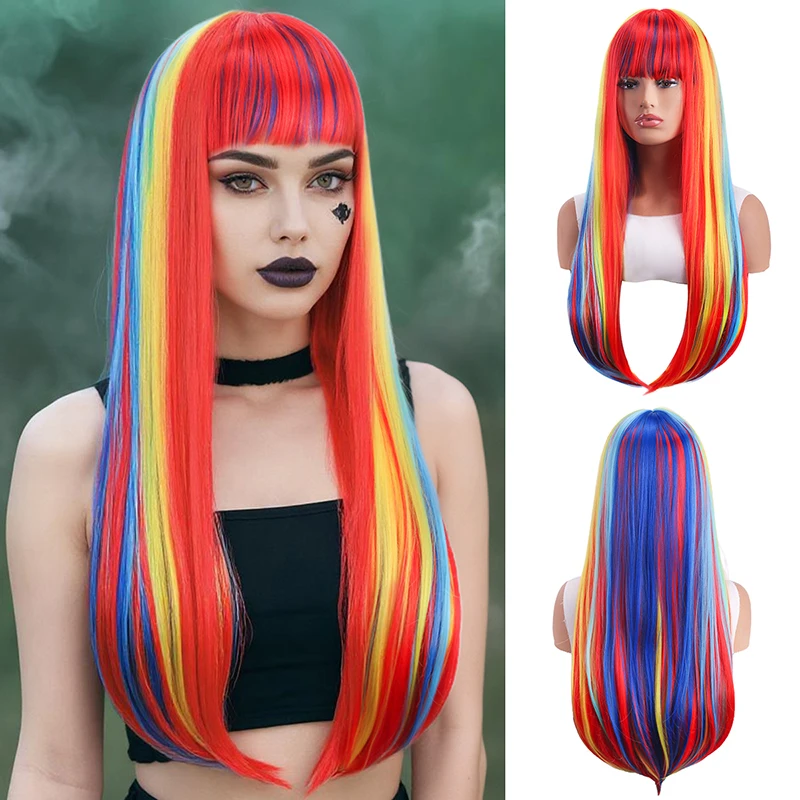 Cross-border fashion synthetic wig for women, seven-color gradient long straight hair, rainbow-colored Halloween wig head cover
Cross-border fashion synthetic wig for women, seven-color gradient long straight hair, rainbow-colored Halloween wig head cover