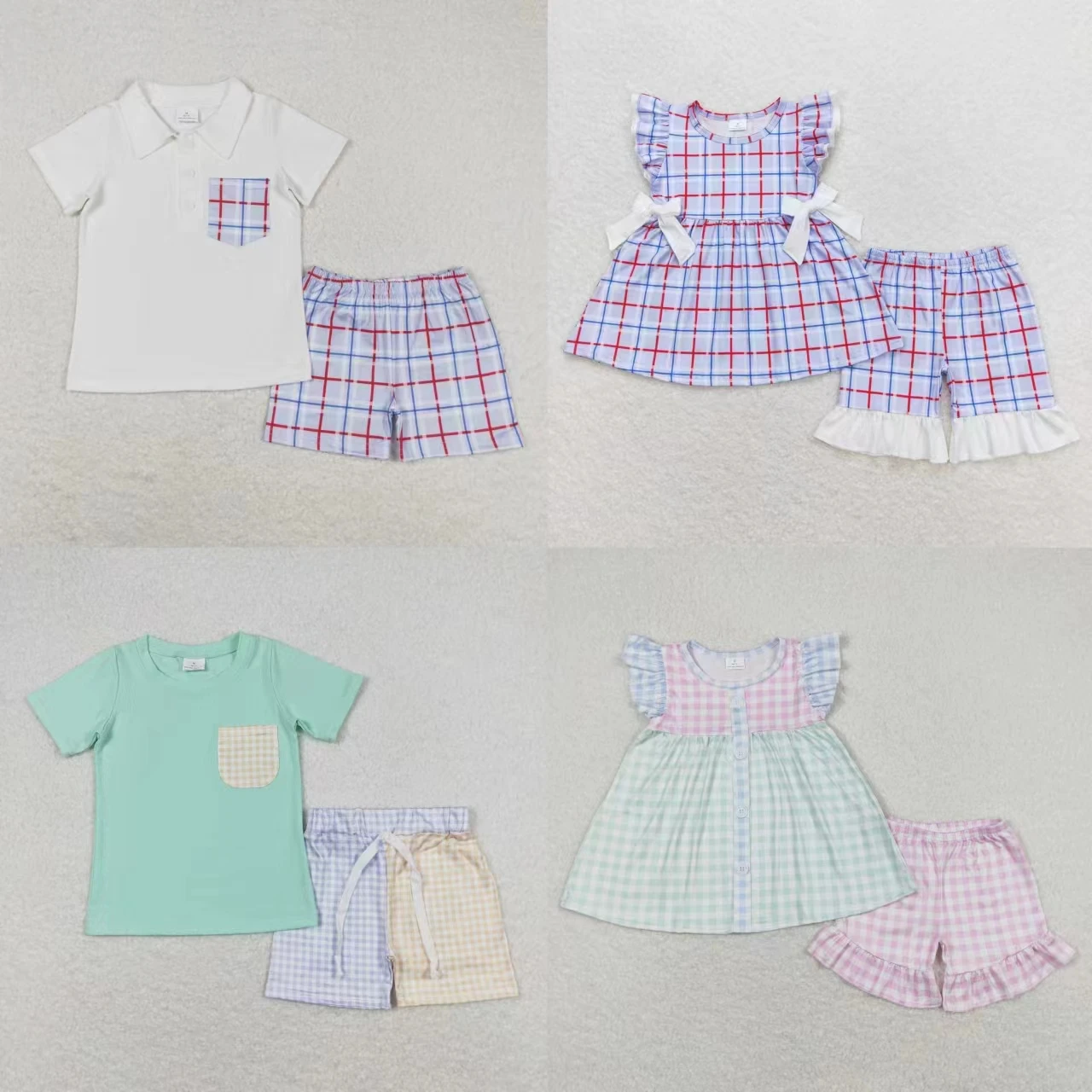 Wholesale Toddler Two Pieces Short Sleeves Tops Kids Plaid Shorts Baby Boy Girl Sets Children Summer Infant Colorful Outfits
Wholesale Toddler Two Pieces Short Sleeves Tops Kids Plaid Shorts Baby Boy Girl Sets Children Summer Infant Colorful Outfits