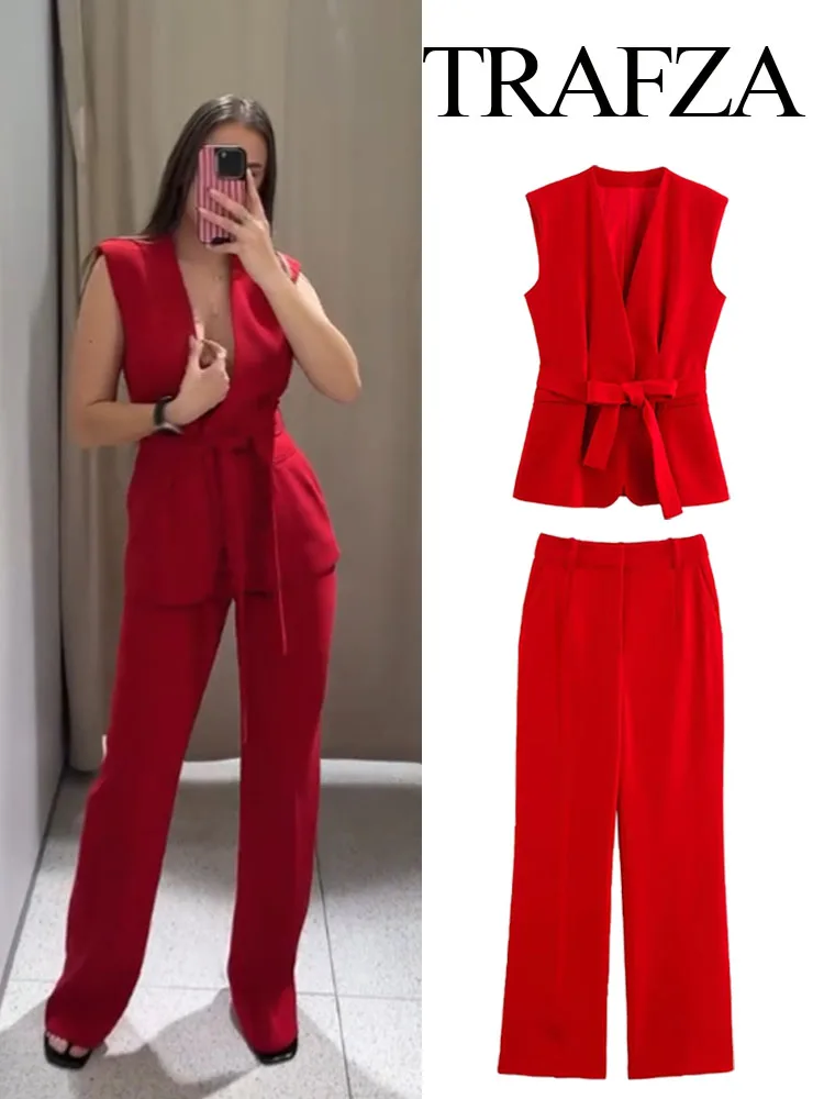 TRAFZA Women Pants Suits V Neck Sleeveless Belt Wrinkles Decorate Solid Vest Top+Elegant High Waist Side Pocket Zipper Long Pant
TRAFZA Women Pants Suits V Neck Sleeveless Belt Wrinkles Decorate Solid Vest Top+Elegant High Waist Side Pocket Zipper Long Pant