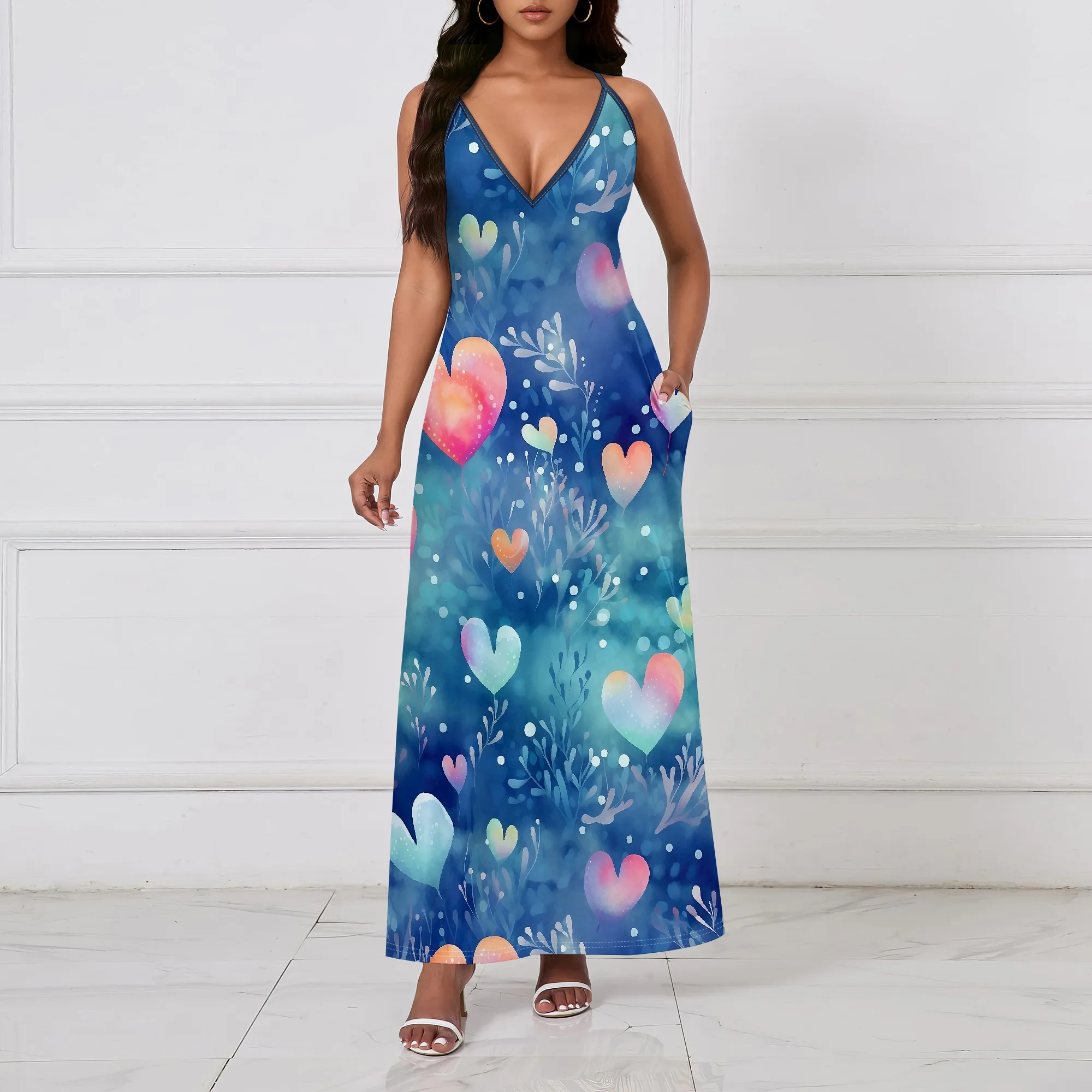 S-3XL Heart Print Spaghetti Strap Maxi Dress for Women Blue Watercolor Summer Style for Valentine’s Day, Vacation or Date Night
S-3XL Heart Print Spaghetti Strap Maxi Dress for Women Blue Watercolor Summer Style for Valentine’s Day, Vacation or Date Night
