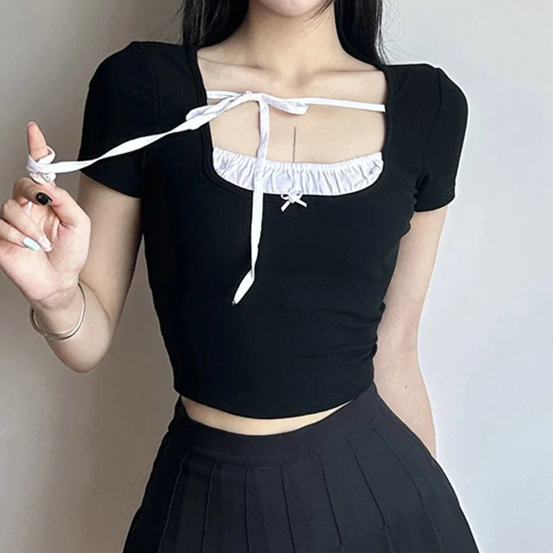 y2k Bow Tie Up Crop Top Black Square Collar Short Sleeve T Shirt Women Cute Korean Patchwork Summer Tee Harajuku Chic
y2k Bow Tie Up Crop Top Black Square Collar Short Sleeve T Shirt Women Cute Korean Patchwork Summer Tee Harajuku Chic