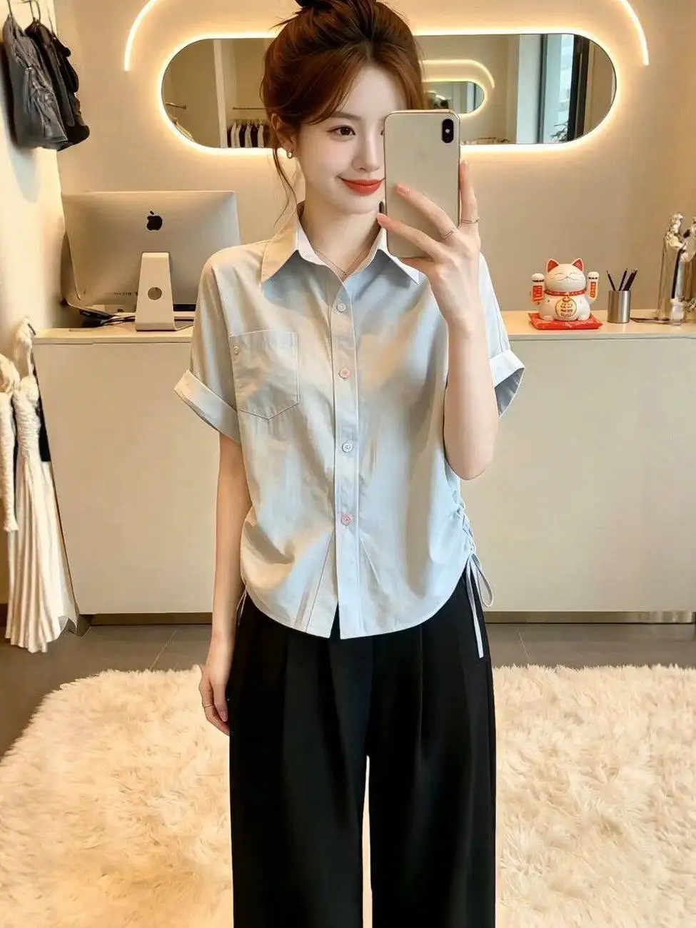 Elegant Collar Short Sleeve Shirt Women Summer New Style Ageless Outerwear Waist Cinched Slimming Versatile Top
Elegant Collar Short Sleeve Shirt Women Summer New Style Ageless Outerwear Waist Cinched Slimming Versatile Top