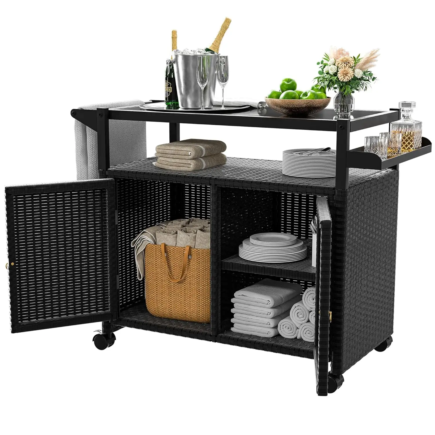 Outdoor Wicker Bar Table Cart Lockable Wheels Tempered Glass Cabinet Garden Poolside Customized
Outdoor Wicker Bar Table Cart Lockable Wheels Tempered Glass Cabinet Garden Poolside Customized