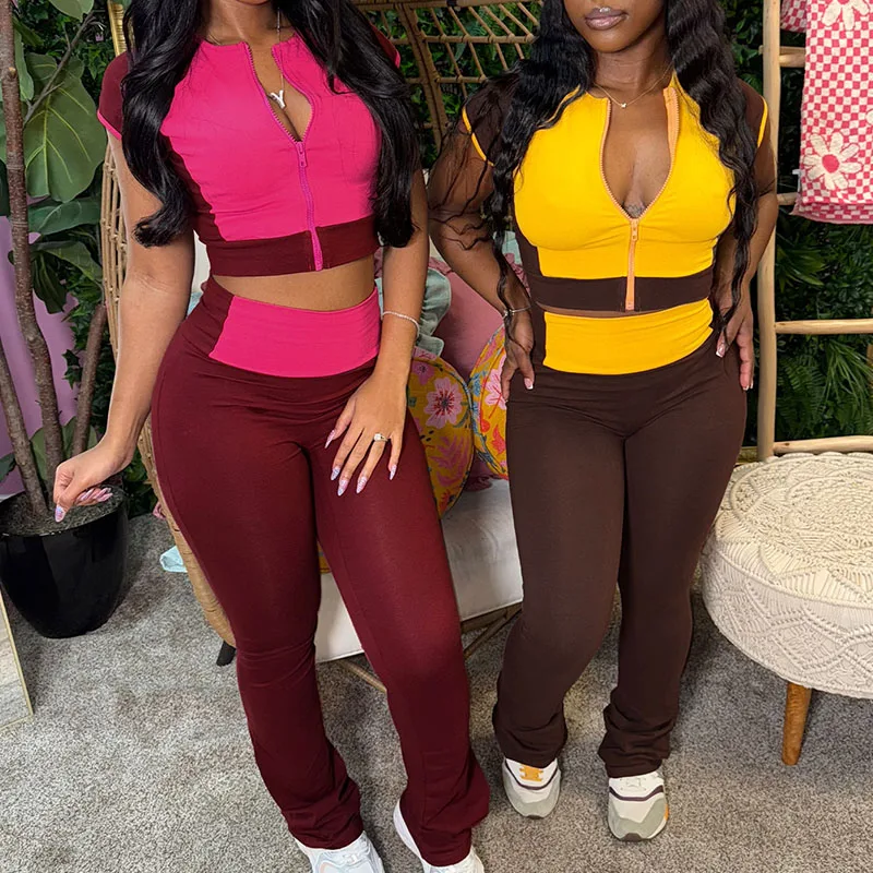Color Block Casual Tracksuit Women Two Piece Set Short Sleeve Front Zip O-neck Crop Top and Flare Pants Sport Suit Matching Sets
Color Block Casual Tracksuit Women Two Piece Set Short Sleeve Front Zip O-neck Crop Top and Flare Pants Sport Suit Matching Sets