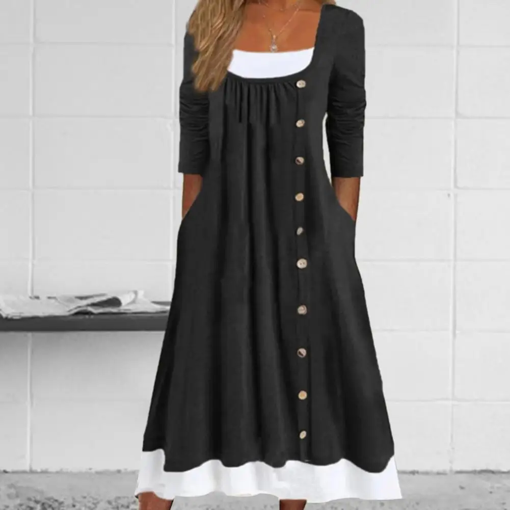 Women Dress Contrast Color A-line Midi Dress with Fake Two-piece Design Loose Hem Pockets Stylish Round Neck Long for Women
Women Dress Contrast Color A-line Midi Dress with Fake Two-piece Design Loose Hem Pockets Stylish Round Neck Long for Women