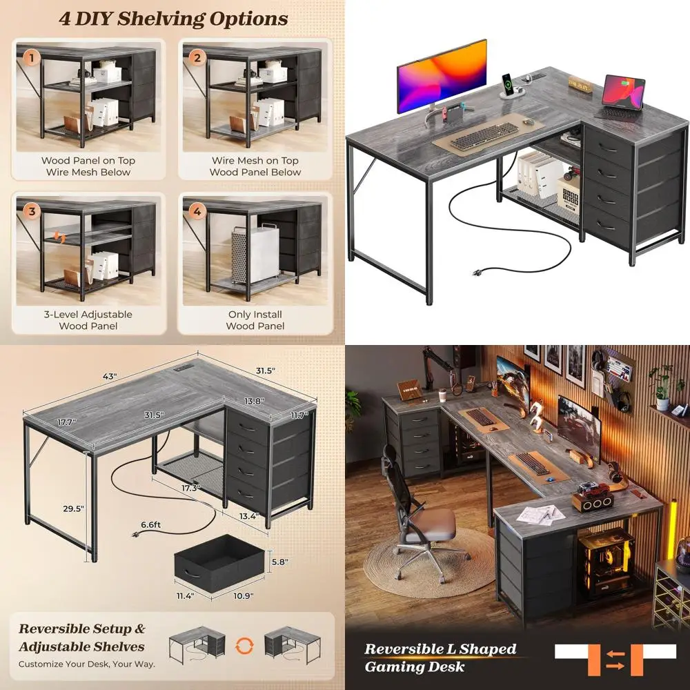 43.3" Small Computer Desk with Power Outlets and USB-C Port, Reversible L Shaped Corner Office Desk with 4 Fabric Drawers and 2
43.3" Small Computer Desk with Power Outlets and USB-C Port, Reversible L Shaped Corner Office Desk with 4 Fabric Drawers and 2