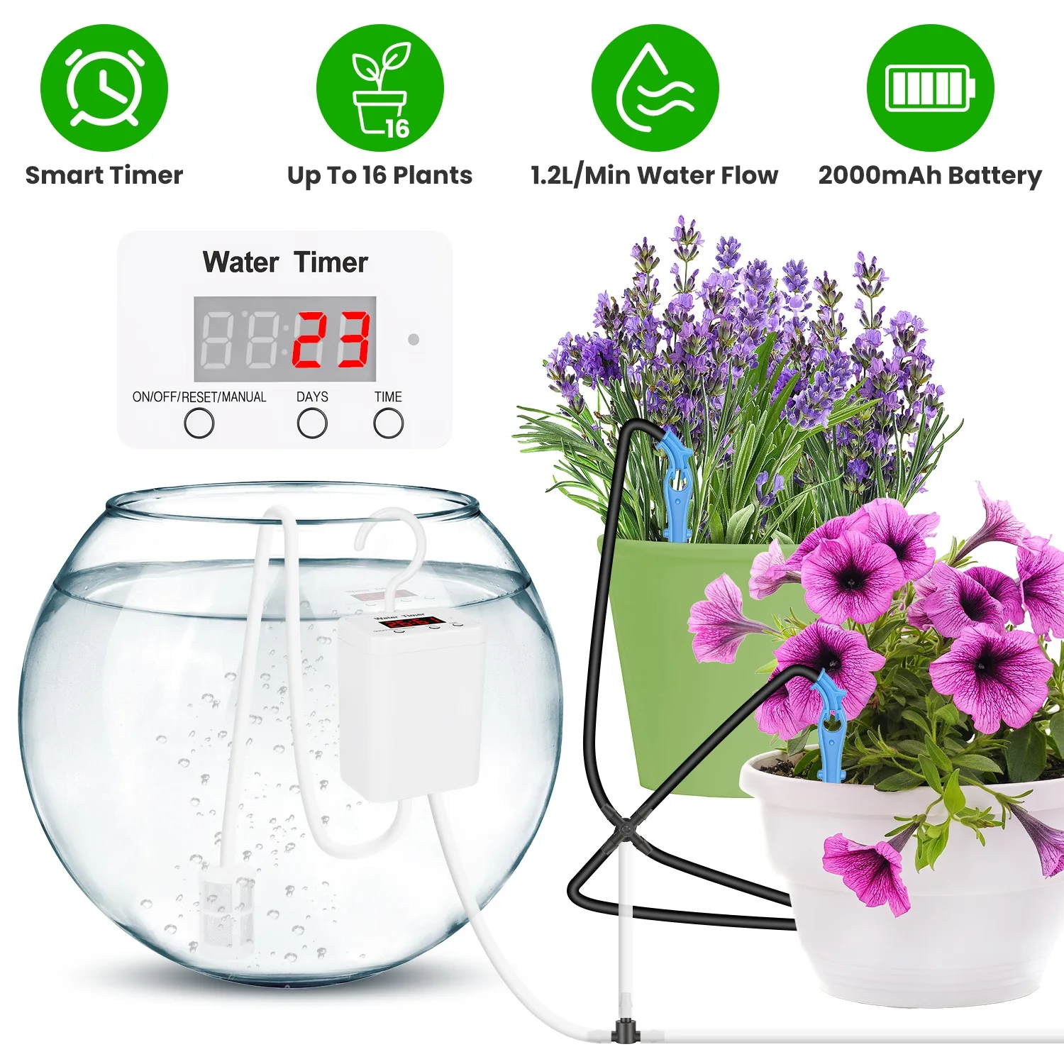 Smart Auto Plant Watering Device Low Noise 4W Efficient Drip Irrigation Kit with Low Water & Low Battery Alarm, 16 Drip Arrows for Indoor Balcony Greenhouse
Smart Auto Plant Watering Device Low Noise 4W Efficient Drip Irrigation Kit with Low Water & Low Battery Alarm, 16 Drip Arrows for Indoor Balcony Greenhouse